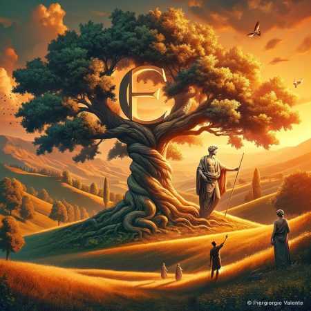 DALL·E 2024-01-19 12.59.34 - Create a detailed scene with a majestic oak tree as the centerpiece, set in the rolling hills of Piedmont, Italy. The scene is under the warm glow of_